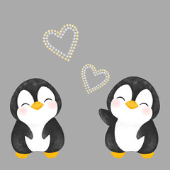 valentine's day card, cute pipguins hearts stars moon, love, be mine, with love, Happy Valentine's day lettering