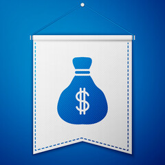 Blue Money bag icon isolated on blue background. Dollar or USD symbol. Cash Banking currency sign. White pennant template. Vector.