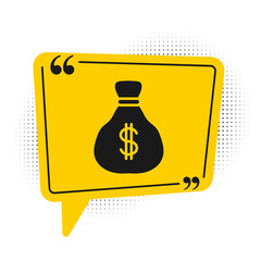 Black Money bag icon isolated on white background. Dollar or USD symbol. Cash Banking currency sign. Yellow speech bubble symbol. Vector.