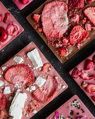 Handmade chocolate with pieces of freeze-dried fruit and dry ice cream