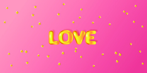 Greeting card for Valentine's day, Wedding, Mother's Day with pink 3D golden text Love. Vector EPS10