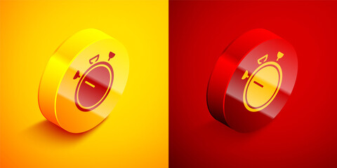 Isometric Stopwatch icon isolated on orange and red background. Time timer sign. Chronometer sign. Circle button. Vector.