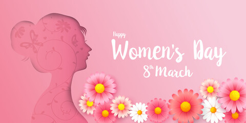 Happy women day 8 march text calligraphy with woman shape paper cut 001