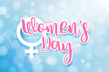 Happy women day 8 march text calligraphy with bokeh background