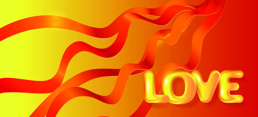 Golden word Love and red voluminous ribbons. Greeting card for Valentine's day, Wedding, Mother's Day. Vector EPS10