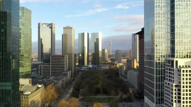 Arial shot of financial district Frankfurt between skyscraper