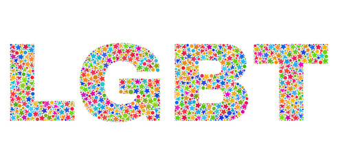 LGBT text with bright mosaic flat style. Colorful vector illustration of LGBT text with scattered star elements and small circles. Festive design for decoration titles.