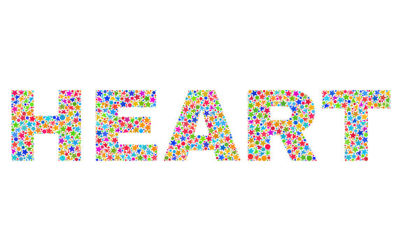 HEART caption with bright mosaic flat style. Colorful vector illustration of HEART caption with scattered star elements and small circle dots. Festive design for decoration titles.