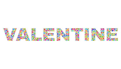 VALENTINE caption with bright mosaic flat style. Colorful vector illustration of VALENTINE label with scattered star elements and small dots. Festive design for decoration titles.
