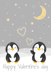 valentine's day card, cute pipguins hearts stars moon, love, be mine, with love, Happy Valentine's day lettering