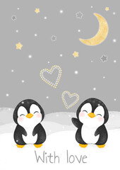 valentine's day card, cute pipguins hearts stars moon, love, be mine, with love, Happy Valentine's day lettering