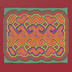 Layered mola pattern fabric - scrappy sewing of Indians. National pattern of the ornament. Traditional ethnic texture design. 3D-rendering