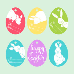 Easter tags with cute rabbits. Hand-drawn vector festive set. Six isolated pre-made objects for printing.
