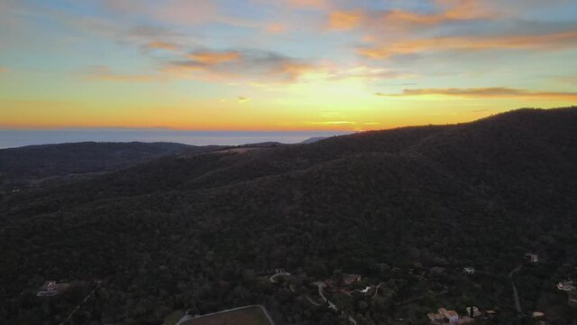 Gassin, France - Aerial view of sunrise above the village of Gassin in the South of France