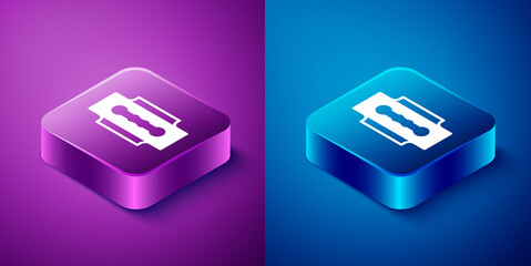 Isometric Blade razor icon isolated on blue and purple background. Square button. Vector.