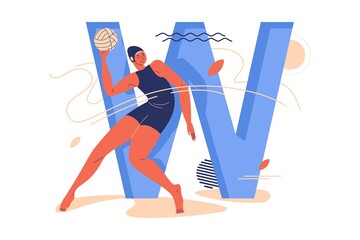 Young woman with ball training during water polo game and large capital letter W decorated with geometric shapes and leaves