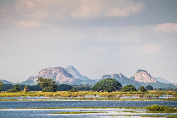 Panorama scenic Rocky mountain and lake at Pa Sak Jolasid Dam with chin Lae mountain on background Thailand