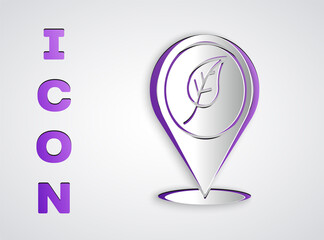 Paper cut Location with leaf icon isolated on grey background. Eco energy concept. Alternative energy concept. Paper art style. Vector.