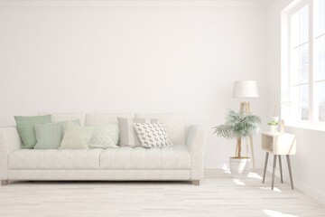 Fototapeta na wymiar White living room with sofa. Scandinavian interior design. 3D illustration