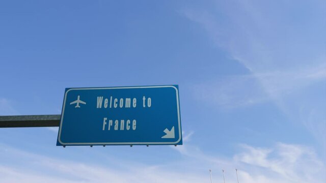 airplane flying over welcome to france  billboard boarder road sign,welcoming travel claim concept