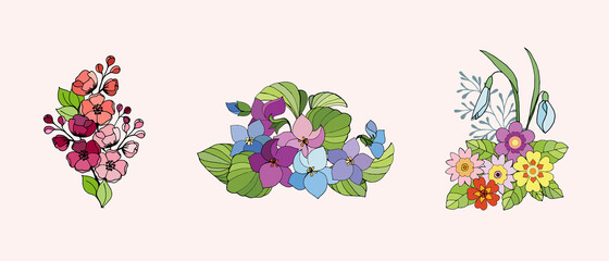 Colorful bouquets of flowers of cherry, violets, primrose, snowdrops. 