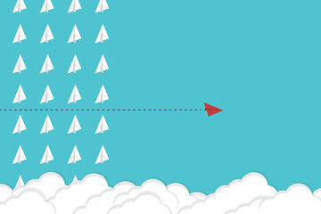 Think differently. Red airplane changing direction. New idea, change, trend, courage, creative solution, innovation and unique way concept.	