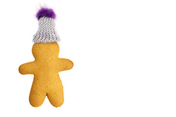 gingerbread men in a warm knitted hat isolated on white