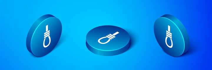Isometric Gallows rope loop hanging icon isolated on blue background. Rope tied into noose. Suicide, hanging or lynching. Blue circle button. Vector.