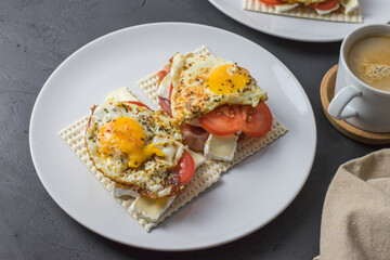 Diet bread sandwiches with egg and juicy tomato on a white plate. View from above.