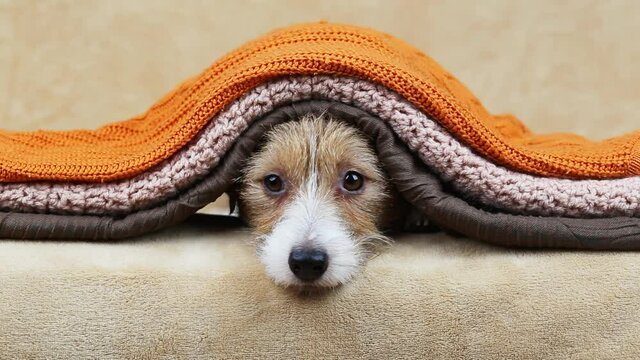 Cute funny happy jack russell terrier pet dog puppy looking from blankets