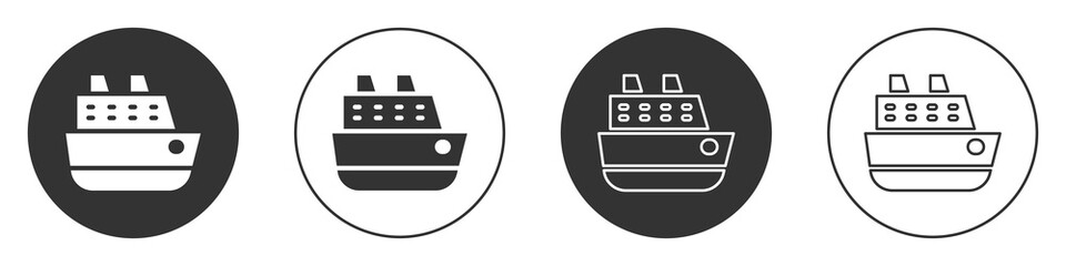 Black Cruise ship icon isolated on white background. Travel tourism nautical transport. Voyage passenger ship, cruise liner. Worldwide cruise. Circle button. Vector.