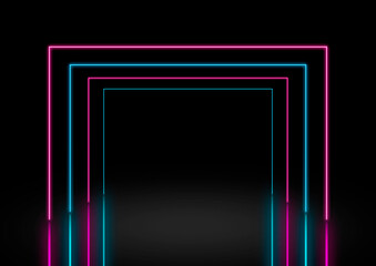 An empty stage backdrop with square pink and blue neon light tunnel reflecting on the floor - obrazy, fototapety, plakaty