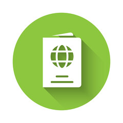 White Passport with biometric data icon isolated with long shadow. Identification Document. Green circle button. Vector.