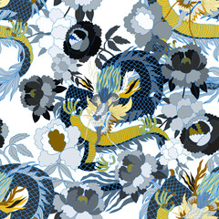 Creative seamless pattern with hand drawn chinese art elements: dragon, lantern, fan and flowers. Trendy print. Fantasy chinese dragon, great design for any purposes. Asian culture. Abstract art.	
