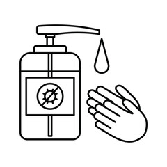 Sanitizer bottle icon. Antibacterial gel. Wash your hands with soap. Sanitize hands here. 