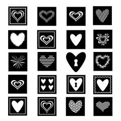 A set of vector hearts of various shapes, decorated in squares.