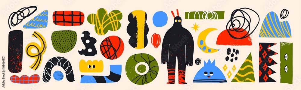 Wall mural big set of hand drawn various colorful shapes, doodle objects and creatures. different textures. abs