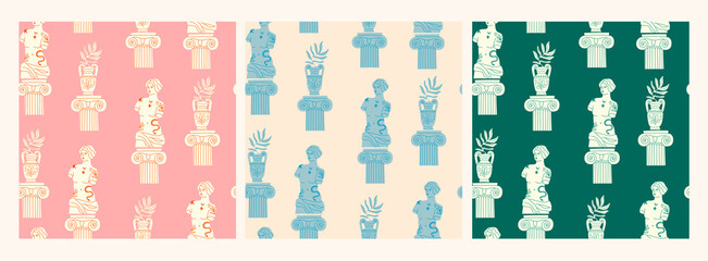 Antique marble statue of woman, column, branch, amphora. Mythical, ancient greek style. Hand drawn trendy Vector illustration. Set of three Square Seamless Patterns. Every pattern is isolated 