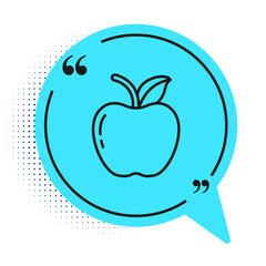 Black line Apple icon isolated on white background. Fruit with leaf symbol. Blue speech bubble symbol. Vector Illustration.