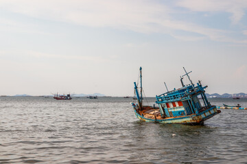 an old ship on the sea in the Gulf of Thailand