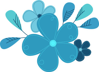 Vector illustration. Flowers. Shades of blue. Stitch sewing. Congratulation.