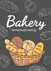 Wicker basket with bakery products. Different types of bread, sweet pastries and spikelets. Stylish poster for a bakery. Colorful vector illustration on a black background.