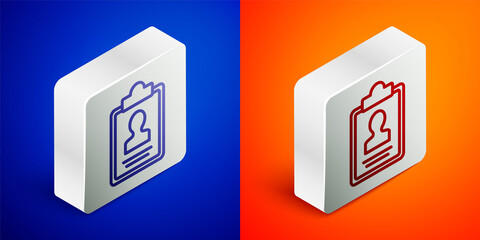 Isometric line Clipboard with resume icon isolated on blue and orange background. CV application. Curriculum vitae, job application form with profile photo. Silver square button. Vector.