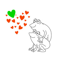 Vector hand drawn funny frogs in love looking at green heart.Outline doodle isolated on white background. Valentine's Day illustration.