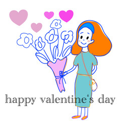 romantic cute Valentine's Day card in cartoon style like draw it yourself .one orange hair girl in cute blue dress handing flower bouquet to her loved one with pink hearts hand drawn cartoon vector 