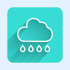 White line Cloud with rain icon isolated with long shadow. Rain cloud precipitation with rain drops. Green square button. Vector.
