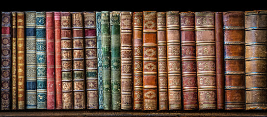Old books on wooden shelf. Tiled Bookshelf background.  Concept on the theme of history, nostalgia,...