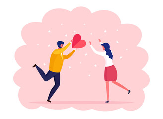 Sweet couple with red heart. Happy valentines day. Man and woman in love. Vector cartoon illustration