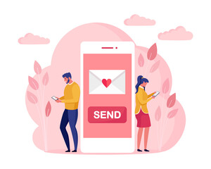 Sweet couple send love letter to each other by phone Happy valentines day Smartphone with sms, email. Vector illustration