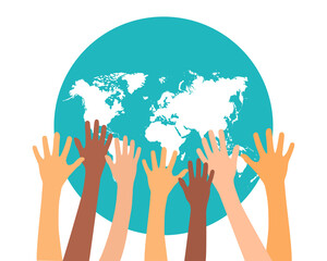 Planet earth and hand, multicolored design of peace and unity. Vector illustration